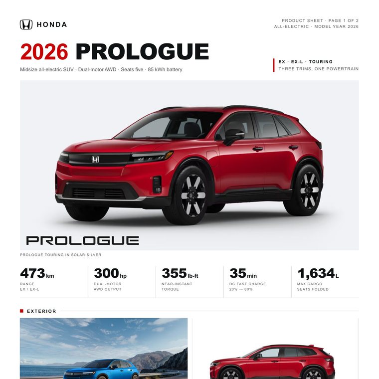 Front page of the 2026 Honda Prologue product sheet