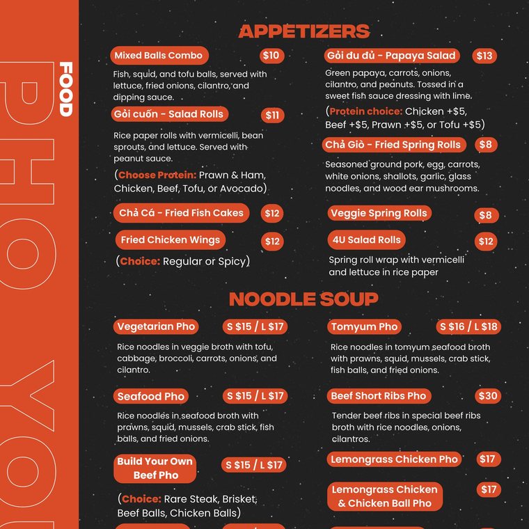 The appetizers and noodle soup page of the Pho You menu